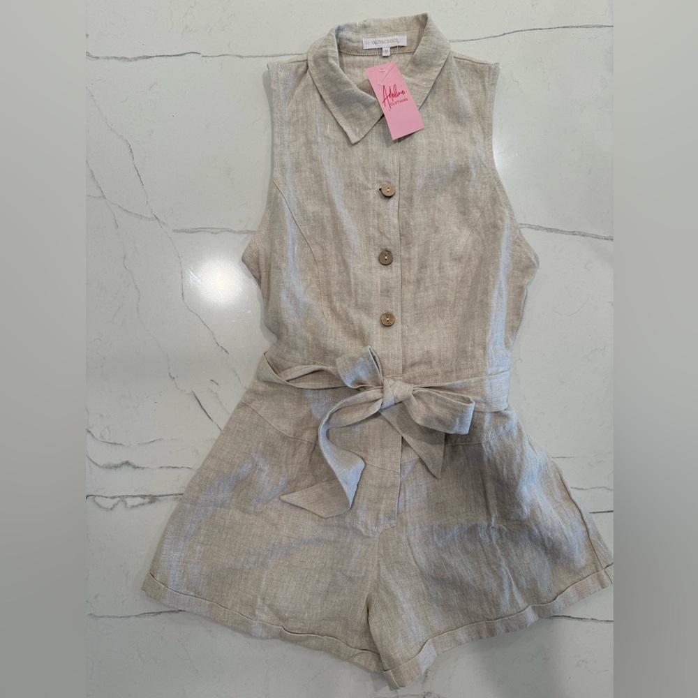 Olivaceous Sleeveless Linen Tie-Waist Romper in Natural